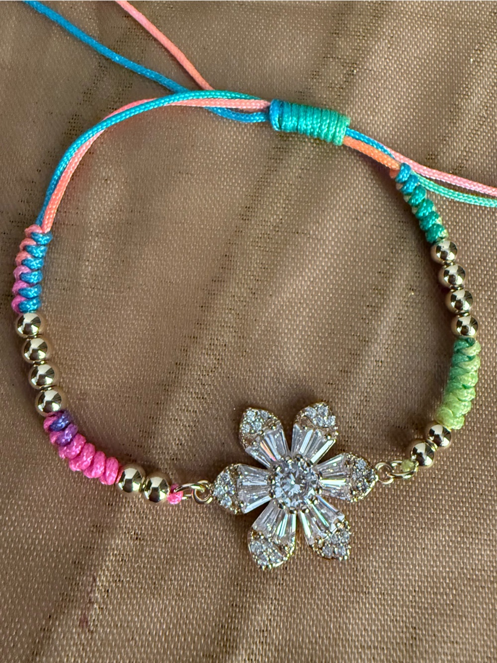 Gold Flower Crystal Cord Bracelet with Neon Tie-Dye Cord